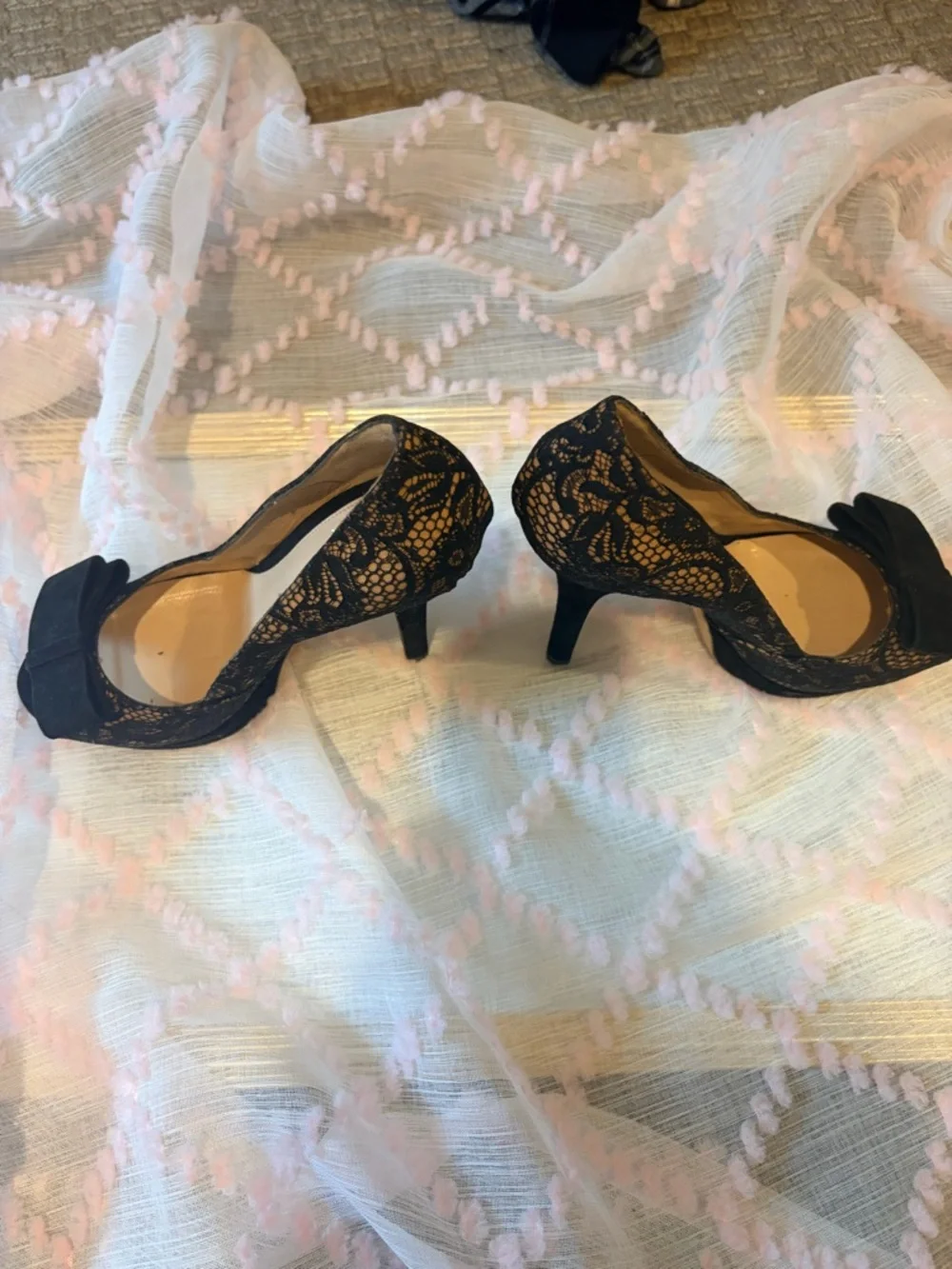 Fendi Black Lace Peep-Toe Pumps with Bow Accent